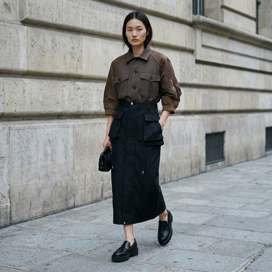sacai Grosgrain Bonding Cargo Skirt in black, featuring oversized double-stacked cargo pockets, drawstring detail, and a high-rise pencil-cut midi silhouette - lifestyle