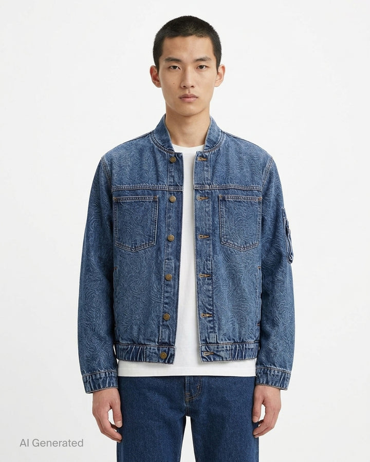 sacai x Levi's denim blouson jacket in stonewashed indigo with white zip front, flap chest pockets and sleeve zip pocket - front