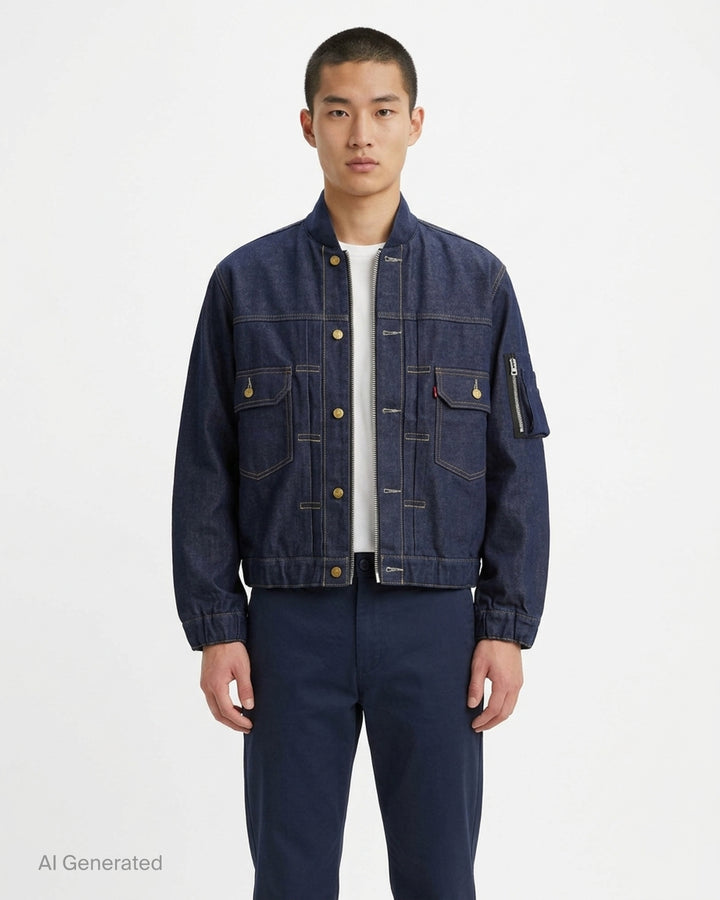 sacai x Levi's denim blouson jacket in stonewashed indigo with white zip front, flap chest pockets and sleeve zip pocket - front