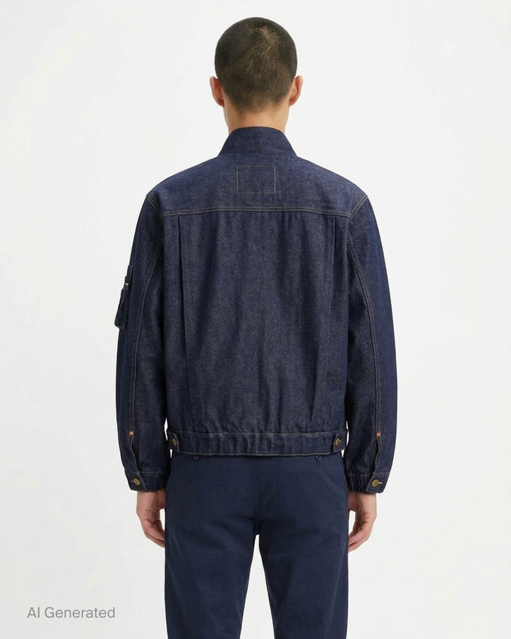 sacai x Levi's denim blouson jacket in stonewashed indigo with white zip front, flap chest pockets and sleeve zip pocket - back