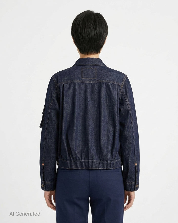 sacai x Levi's women's blue denim blouson jacket with bomber collar, exposed front zip, gold buttons, chest flap pockets and sleeve zip pocket - back