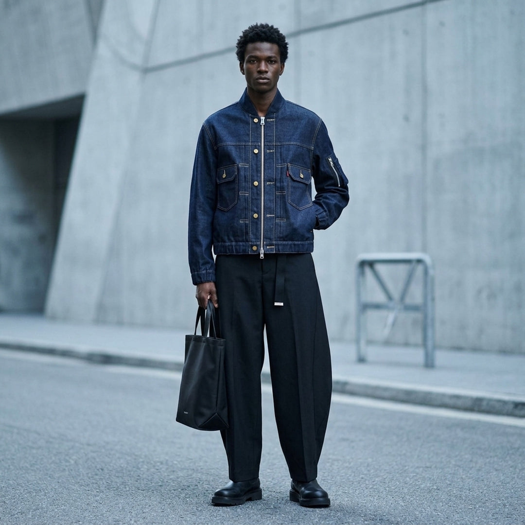 sacai x Levi's denim blouson jacket in stonewashed indigo with white zip front, flap chest pockets and sleeve zip pocket - lifestyle