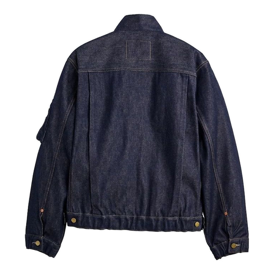 sacai x Levi's denim blouson jacket in stonewashed indigo with white zip front, flap chest pockets and sleeve zip pocket - packshot