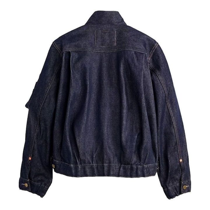 sacai x Levi's women's blue denim blouson jacket with bomber collar, exposed front zip, gold buttons, chest flap pockets and sleeve zip pocket - packshot