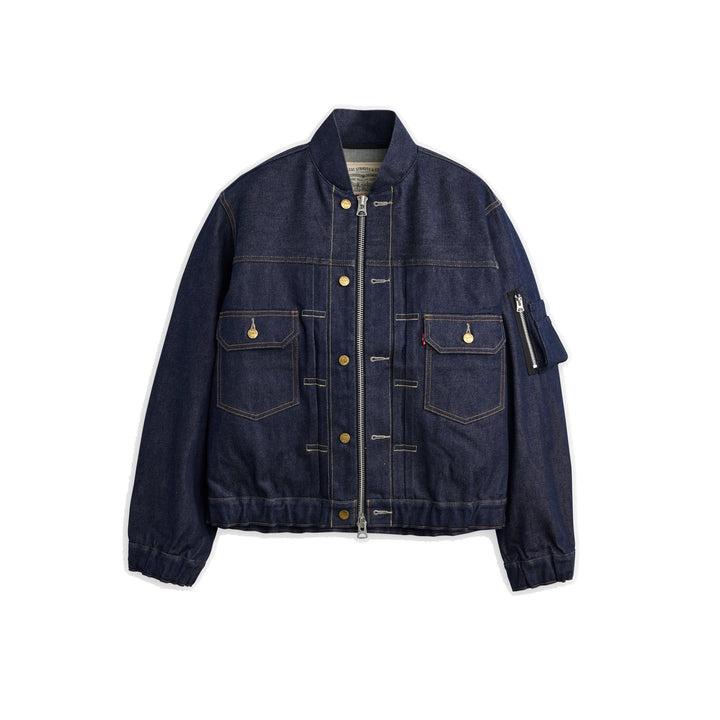 sacai x Levi's denim blouson jacket in stonewashed indigo with white zip front, flap chest pockets and sleeve zip pocket - packshot