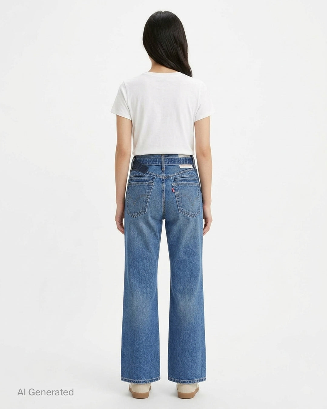sacai x Levi's mid-blue washed flare jeans with an integrated black woven belt, shown from the front - back