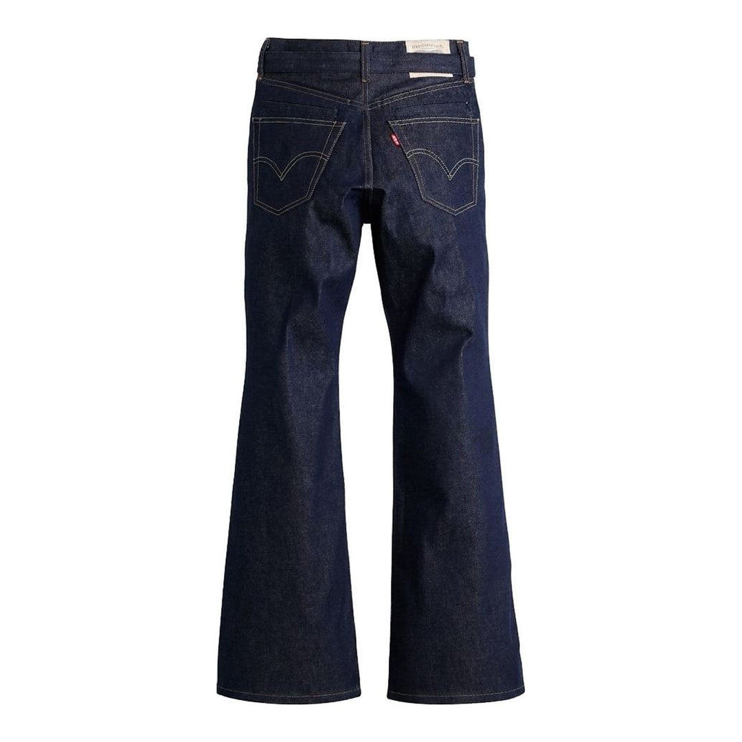 sacai x Levi's mid-blue washed flare jeans with an integrated black woven belt, shown from the front - packshot