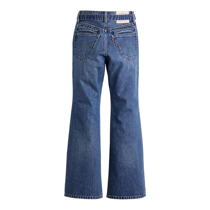 sacai x Levi's mid-blue washed flare jeans with an integrated black woven belt, shown from the front - packshot