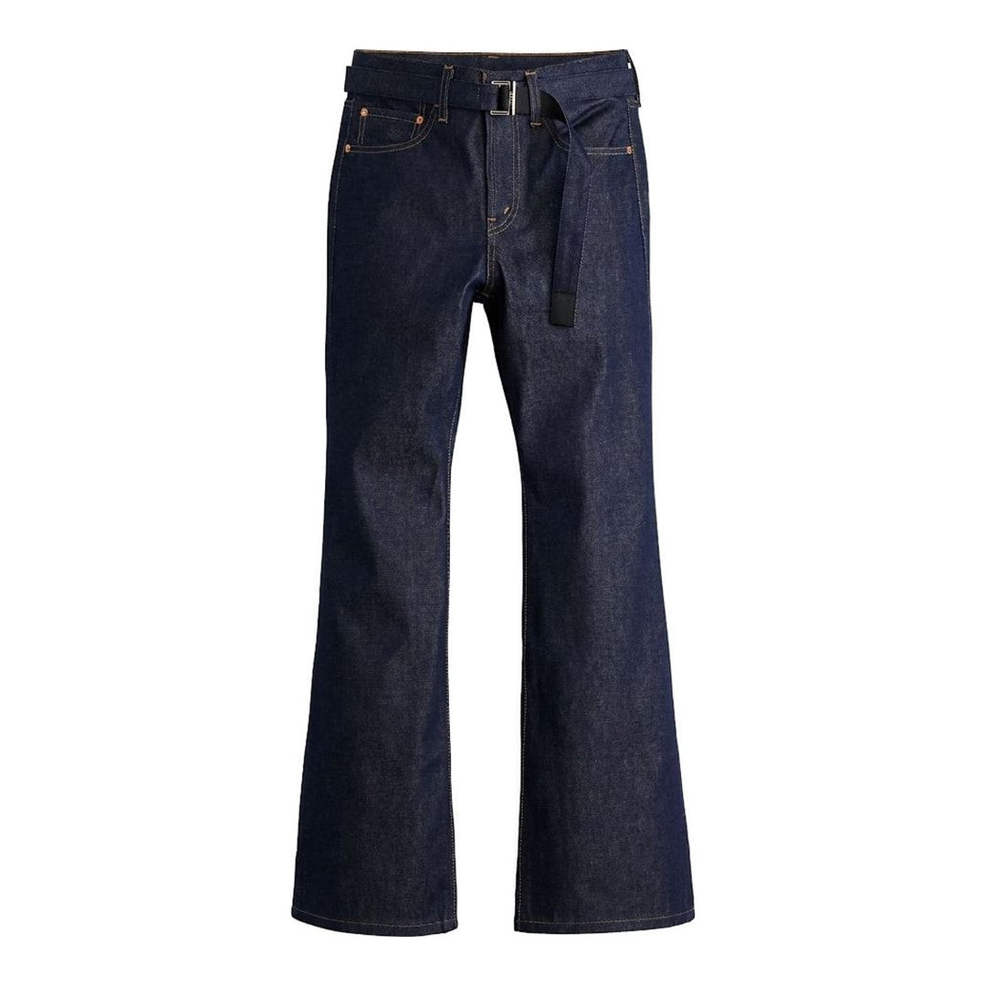 sacai x Levi's mid-blue washed flare jeans with an integrated black woven belt, shown from the front - packshot