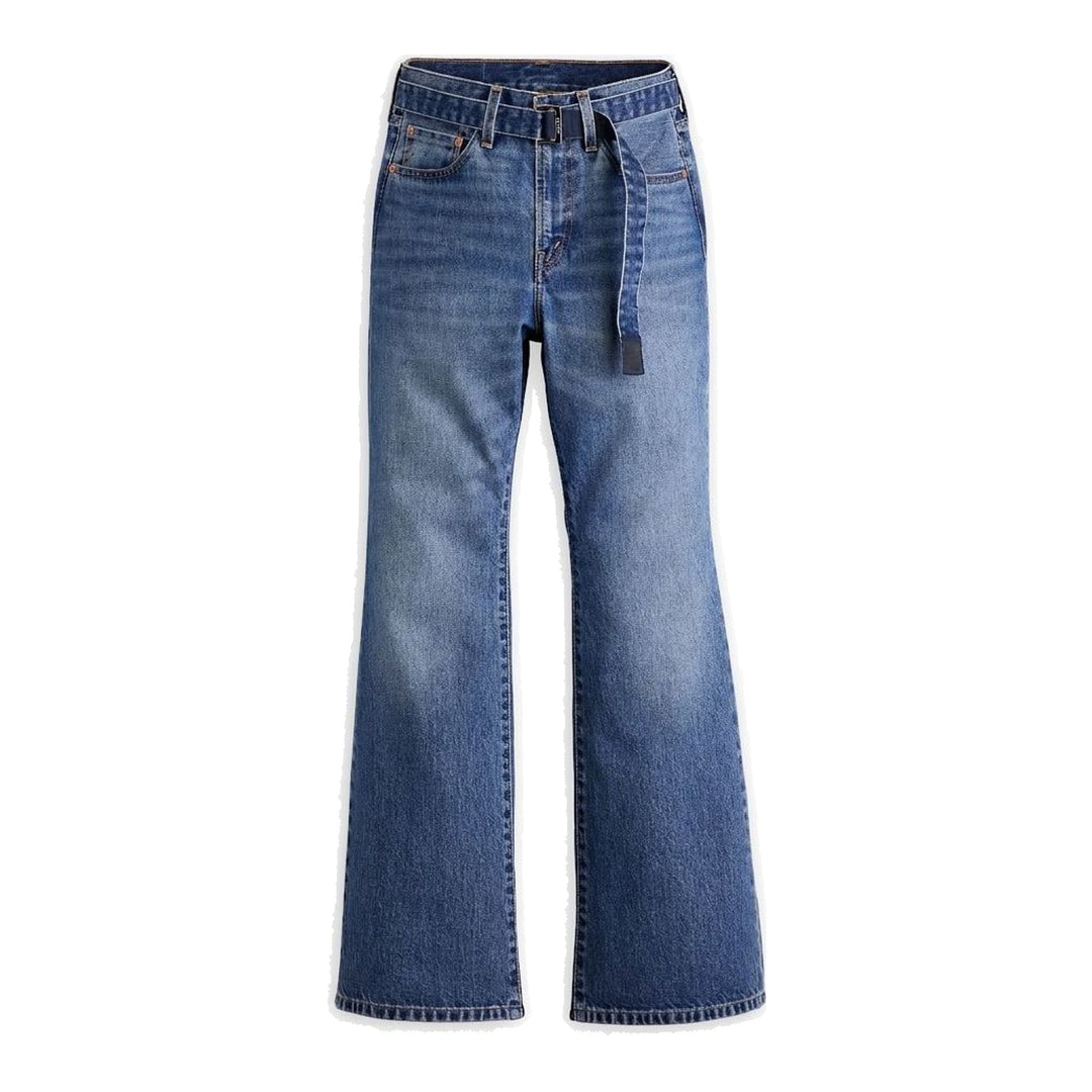 sacai x Levi's mid-blue washed flare jeans with an integrated black woven belt, shown from the front - packshot