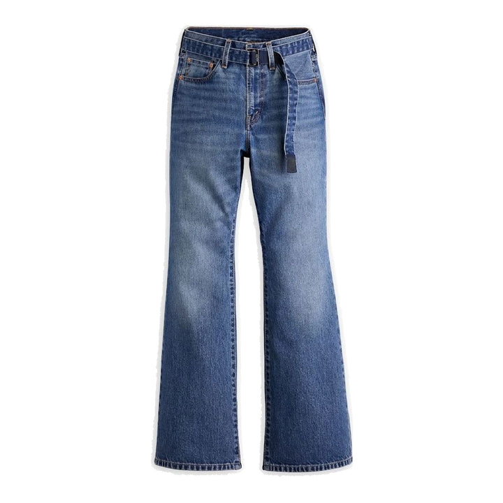 sacai x Levi's mid-blue washed flare jeans with an integrated black woven belt, shown from the front - packshot