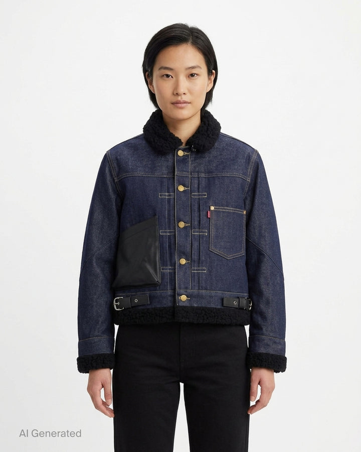 sacai x Levi's women's indigo denim trucker jacket with cream sherpa collar, cuffs and hem, leather patch pocket and buckled side straps - front