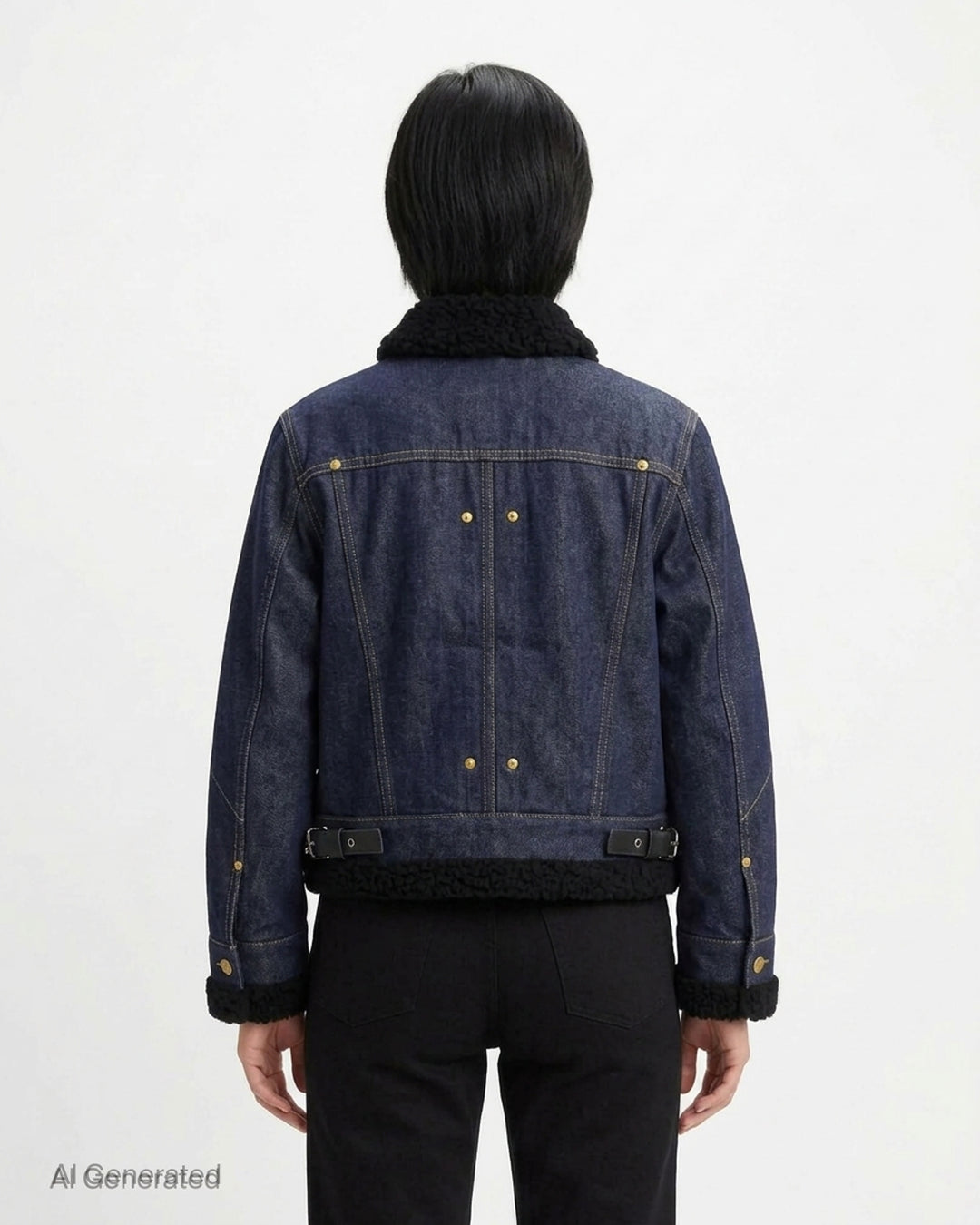 sacai x Levi's women's indigo denim trucker jacket with cream sherpa collar, cuffs and hem, leather patch pocket and buckled side straps - back