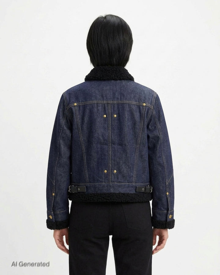 sacai x Levi's women's indigo denim trucker jacket with cream sherpa collar, cuffs and hem, leather patch pocket and buckled side straps - back