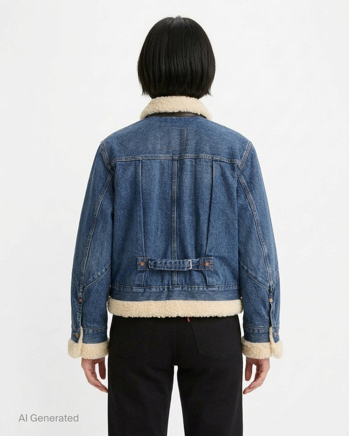 sacai x Levi's women's indigo denim trucker jacket with cream sherpa collar, cuffs and hem, leather patch pocket and buckled side straps - back