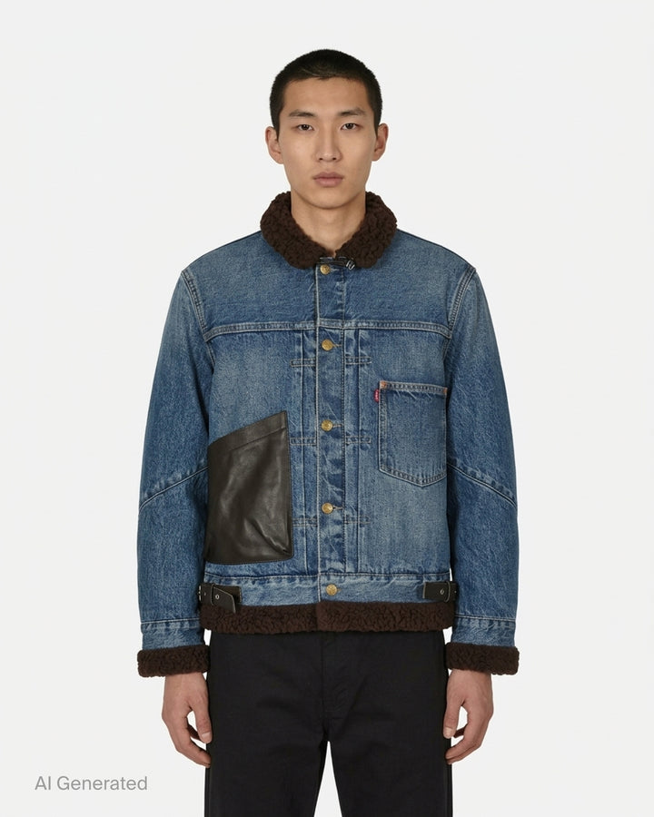 sacai Holiday Capsule mid-blue denim blouson with brown sherpa collar, cuffs and hem, an oversized leather front pocket and buckled side straps - front