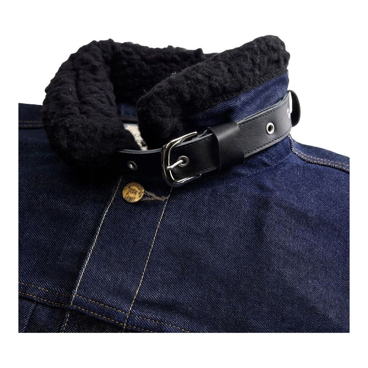 sacai Holiday Capsule mid-blue denim blouson with brown sherpa collar, cuffs and hem, an oversized leather front pocket and buckled side straps - packshot