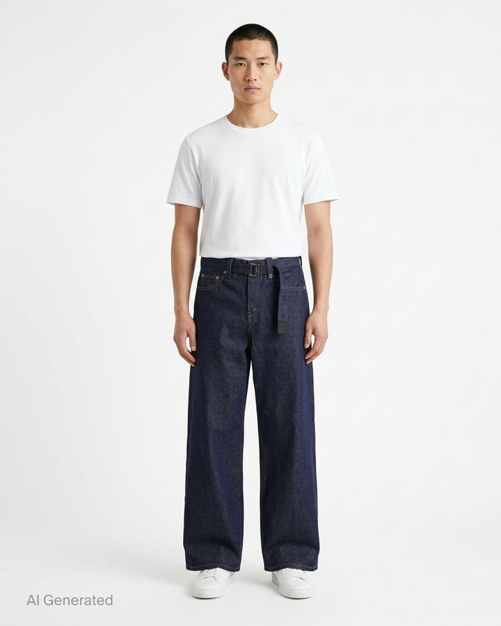 sacai wide-leg washed blue jeans with layered waistband and black belt with metal buckle, shown from the front - front