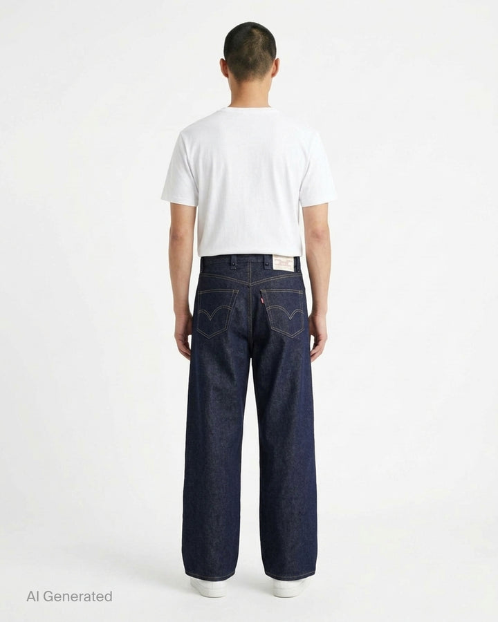 sacai wide-leg washed blue jeans with layered waistband and black belt with metal buckle, shown from the front - back