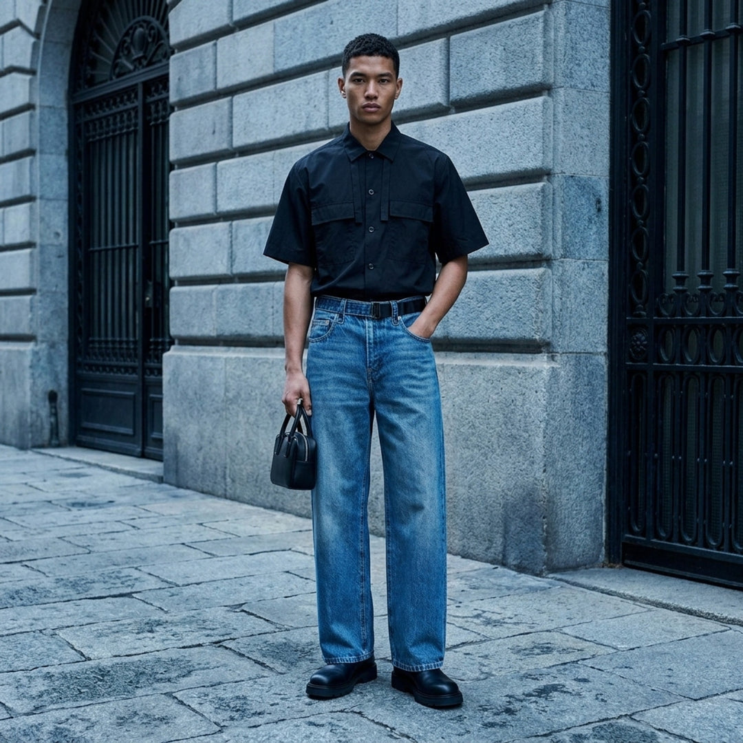 sacai wide-leg washed blue jeans with layered waistband and black belt with metal buckle, shown from the front - lifestyle