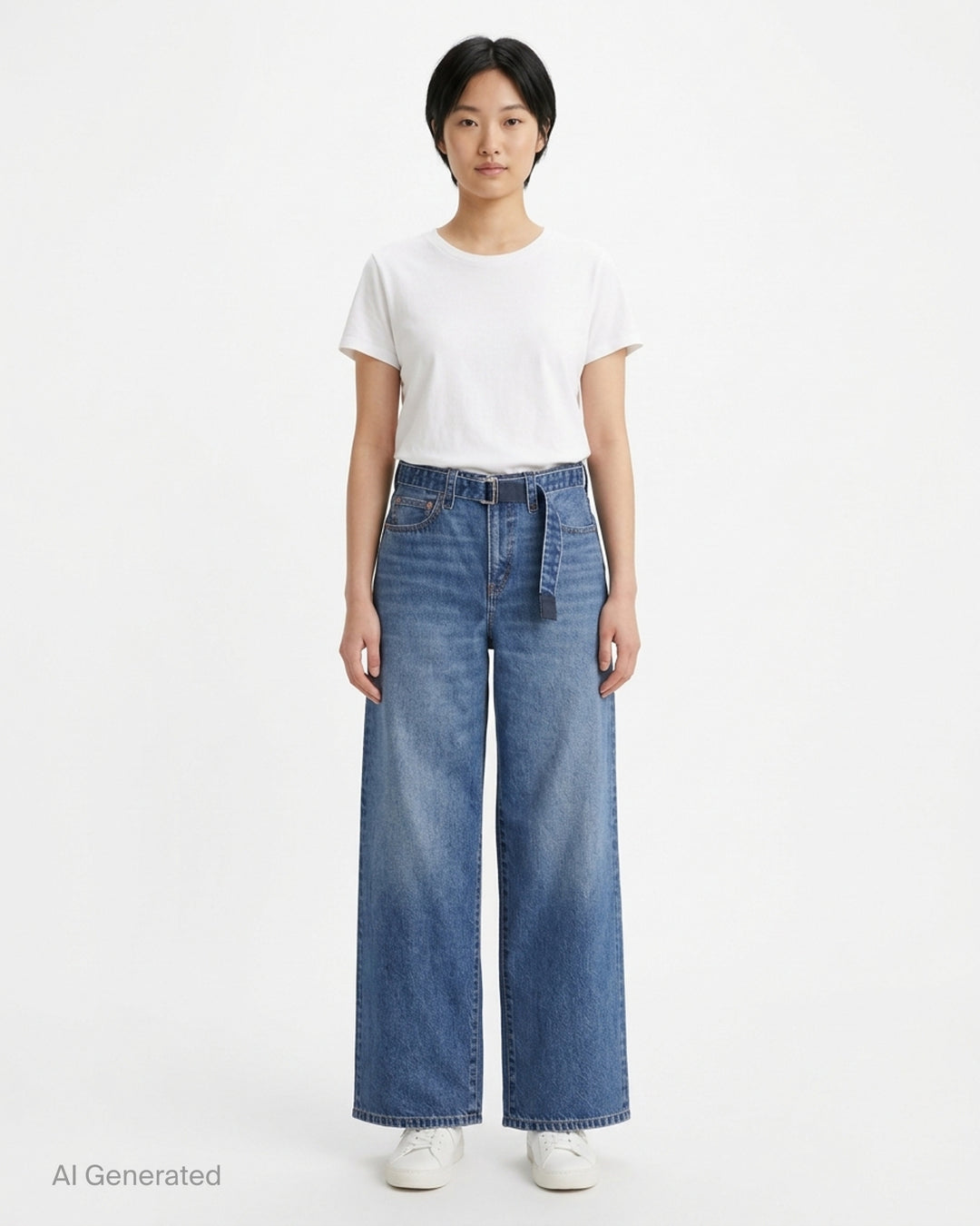 sacai x Levi's wide-leg mid-wash blue jeans with layered waistband and integrated webbing belt, shown flat from the front - front