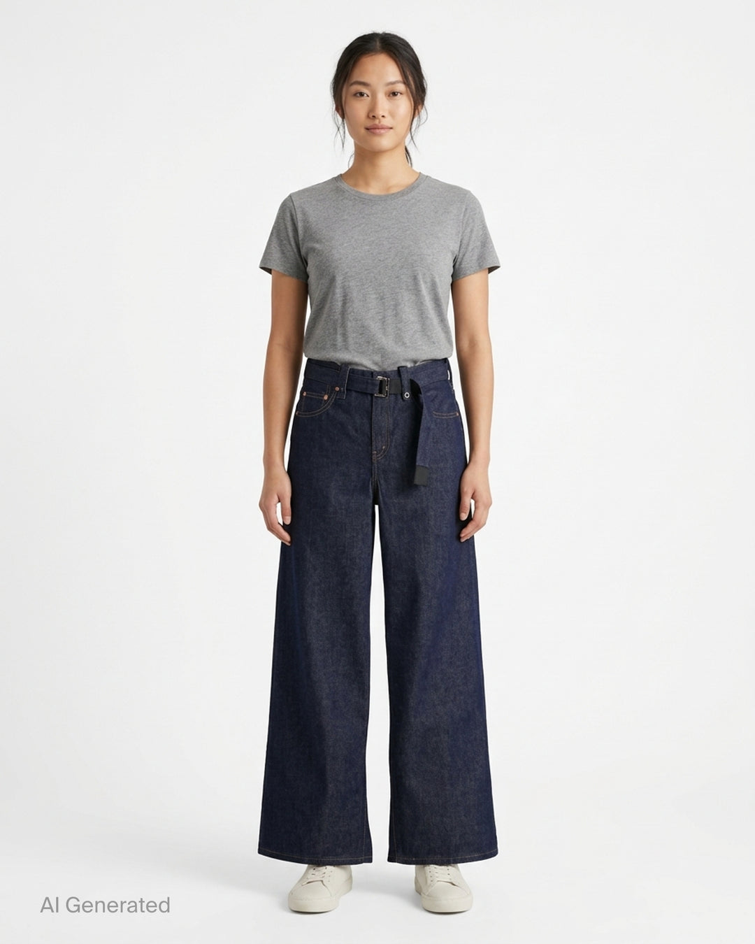 sacai x Levi's wide-leg mid-wash blue jeans with layered waistband and integrated webbing belt, shown flat from the front - front