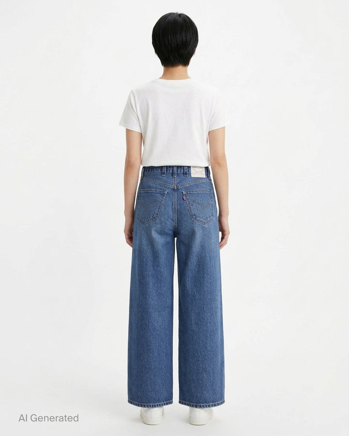 sacai x Levi's wide-leg mid-wash blue jeans with layered waistband and integrated webbing belt, shown flat from the front - back