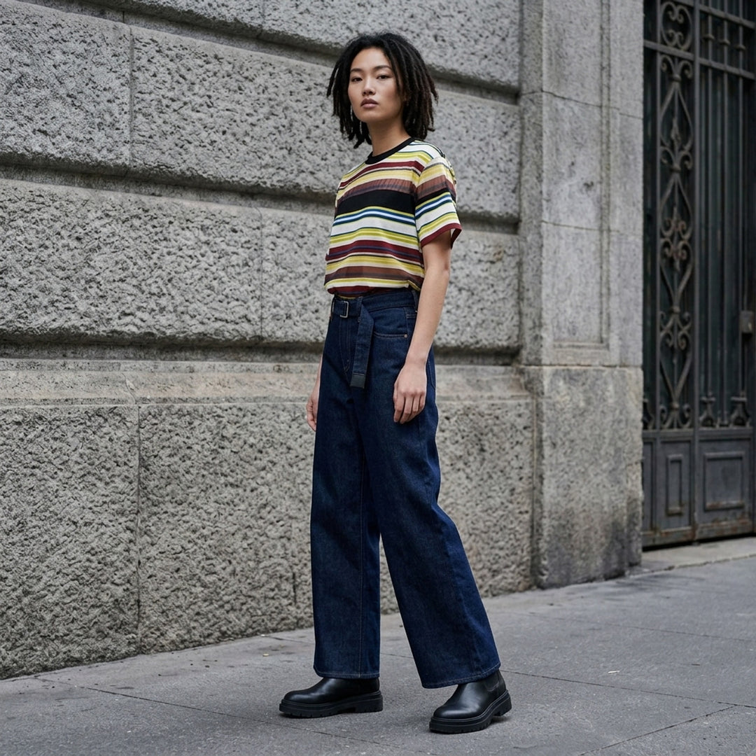 sacai x Levi's wide-leg mid-wash blue jeans with layered waistband and integrated webbing belt, shown flat from the front - lifestyle