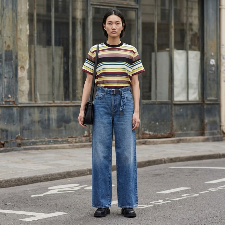 sacai x Levi's wide-leg mid-wash blue jeans with layered waistband and integrated webbing belt, shown flat from the front - lifestyle