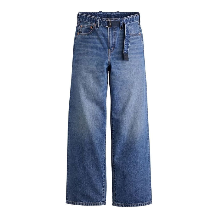 sacai x Levi's wide-leg mid-wash blue jeans with layered waistband and integrated webbing belt, shown flat from the front - packshot
