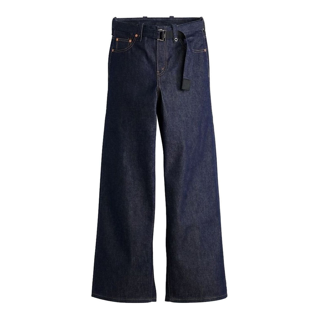 sacai x Levi's wide-leg mid-wash blue jeans with layered waistband and integrated webbing belt, shown flat from the front - packshot