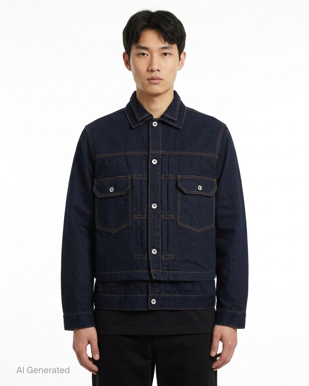 sacai indigo denim trucker jacket with contrast topstitching, pleated front panels, button-flap chest pockets and a layered hem, shown from the front - front