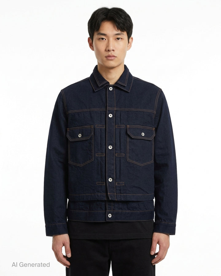sacai indigo denim trucker jacket with contrast topstitching, pleated front panels, button-flap chest pockets and a layered hem, shown from the front - front