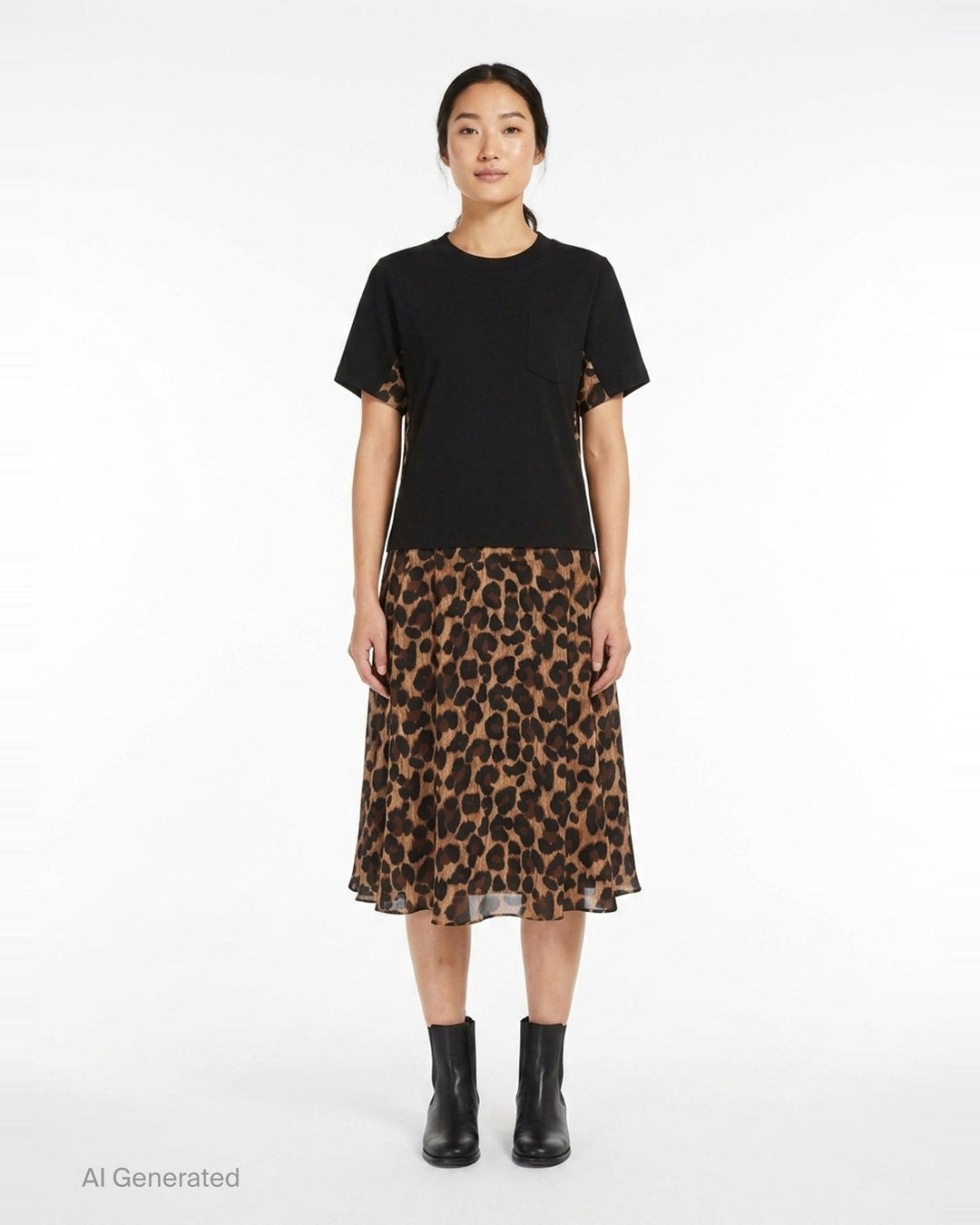 sacai Leopard Cotton Jersey Dress with black crew-neck t-shirt bodice, contrast leopard-print sleeve panels, and fluid leopard-print A-line midi skirt - front