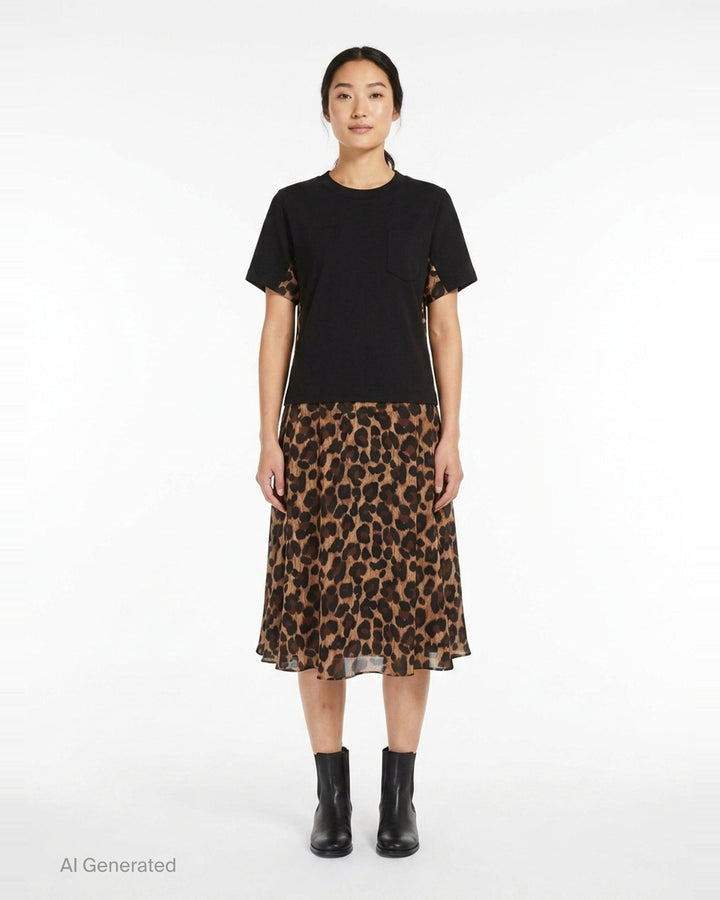 sacai Leopard Cotton Jersey Dress with black crew-neck t-shirt bodice, contrast leopard-print sleeve panels, and fluid leopard-print A-line midi skirt - front
