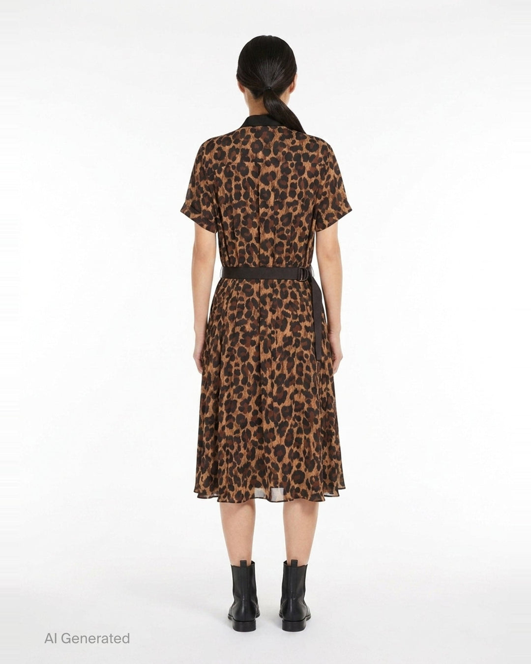 sacai Leopard Cotton Jersey Dress with black crew-neck t-shirt bodice, contrast leopard-print sleeve panels, and fluid leopard-print A-line midi skirt - back