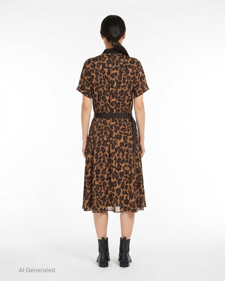 sacai Leopard Cotton Jersey Dress with black crew-neck t-shirt bodice, contrast leopard-print sleeve panels, and fluid leopard-print A-line midi skirt - back