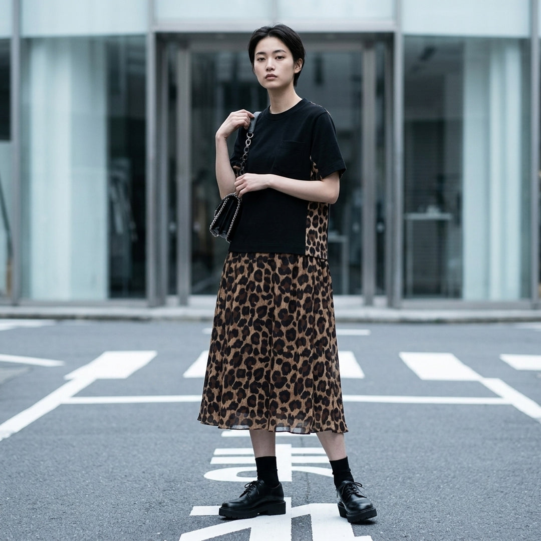 sacai Leopard Cotton Jersey Dress with black crew-neck t-shirt bodice, contrast leopard-print sleeve panels, and fluid leopard-print A-line midi skirt - lifestyle