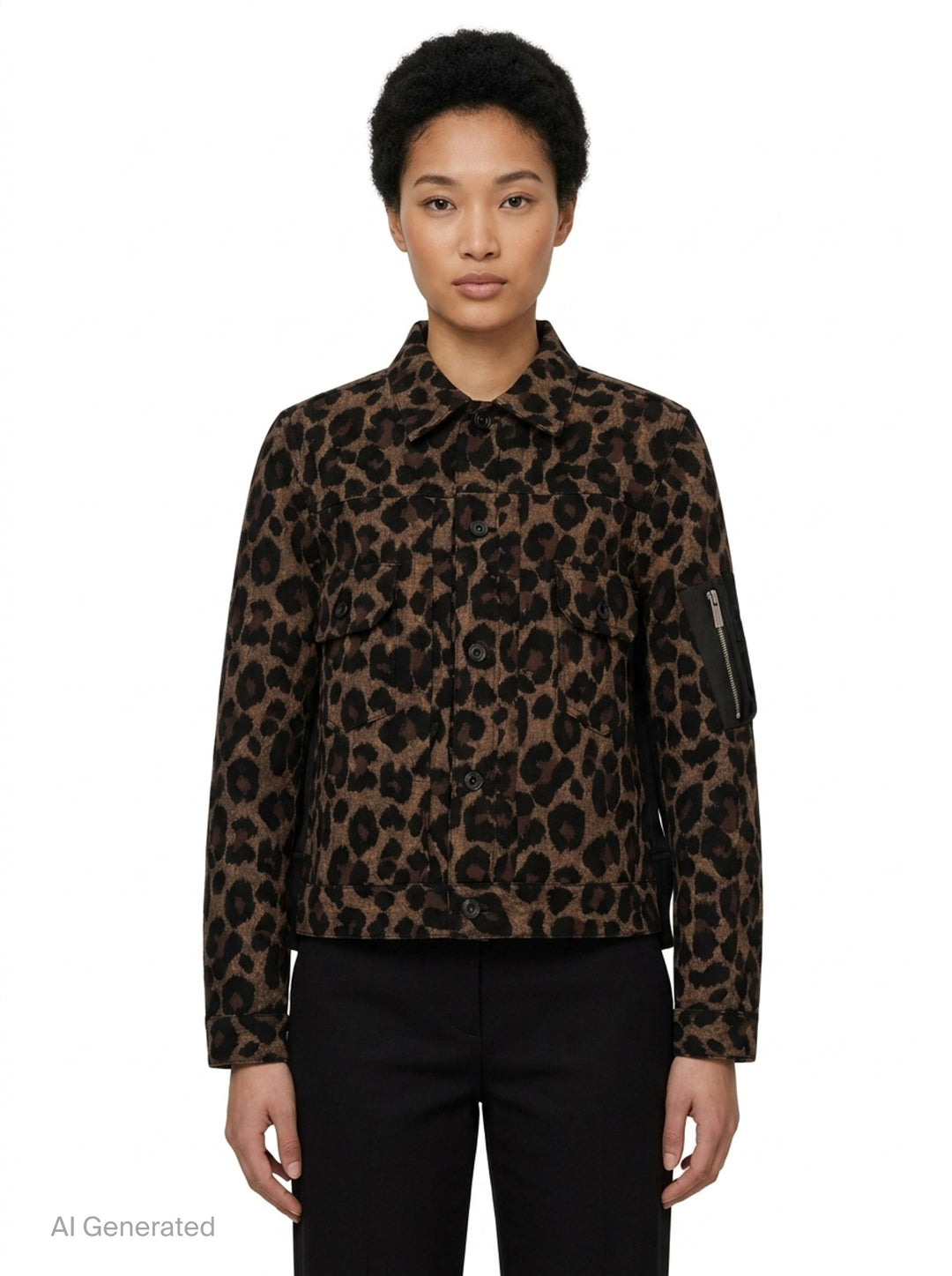 sacai Leopard x Nylon Twill Jacket in brown and black leopard print with snap button front, dual chest pockets, and MA-1 zip detail on sleeve - front