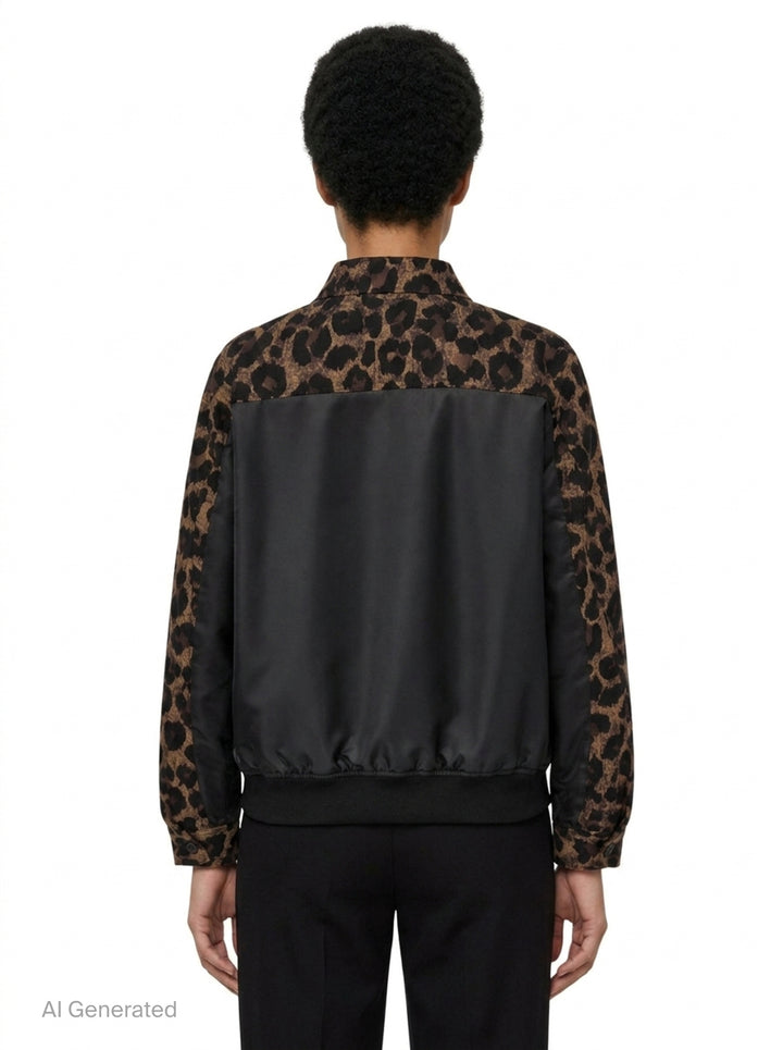 sacai Leopard x Nylon Twill Jacket in brown and black leopard print with snap button front, dual chest pockets, and MA-1 zip detail on sleeve - back