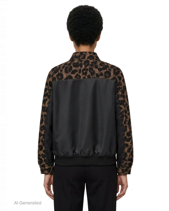 sacai Leopard x Nylon Twill Jacket in brown and black leopard print with snap button front, dual chest pockets, and MA-1 zip detail on sleeve - back