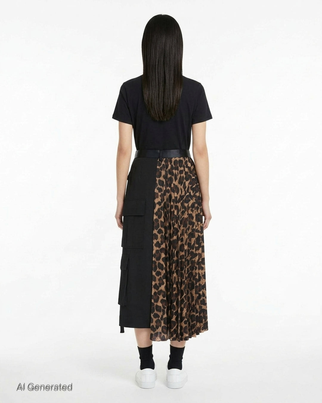 sacai Leopard Pleated Midi Skirt with knife pleats, all-over leopard print, contrast black satin waistband and draped bow detail at the hip - back