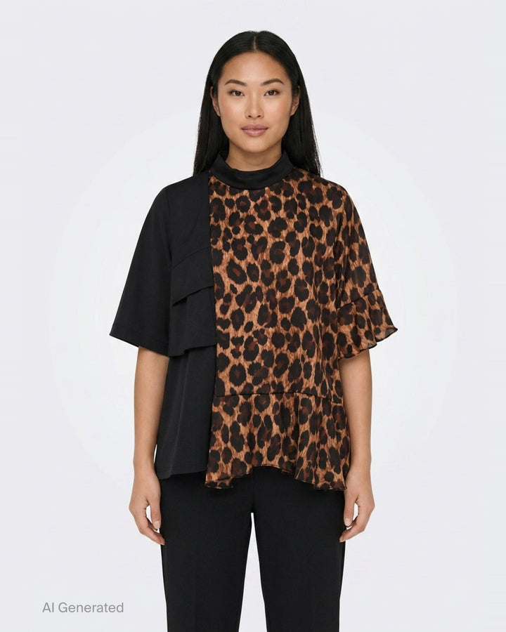 sacai Leopard Suiting Contrast Blouse featuring an asymmetric hybrid design with a solid black suiting panel, leopard-print chiffon body, mock-neck collar, flutter sleeve, and ruffled hem - front