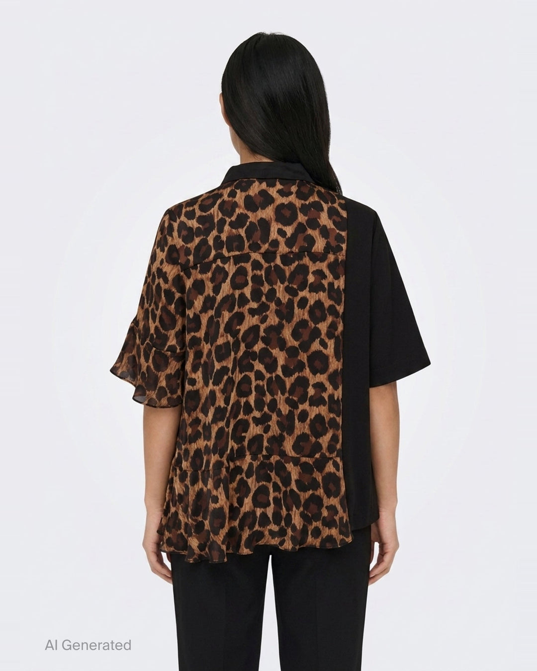 sacai Leopard Suiting Contrast Blouse featuring an asymmetric hybrid design with a solid black suiting panel, leopard-print chiffon body, mock-neck collar, flutter sleeve, and ruffled hem - back
