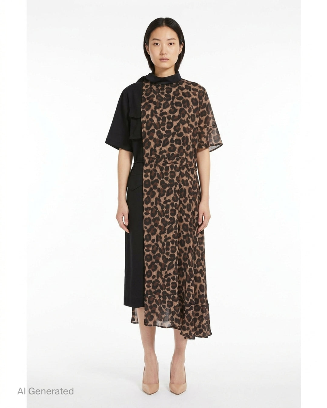 sacai Leopard Suiting Contrast Dress featuring asymmetric panelling of leopard-print chiffon and solid black suiting fabric, with a mock neck, short sleeves, tie waist, and asymmetric ruffled midi hem - front