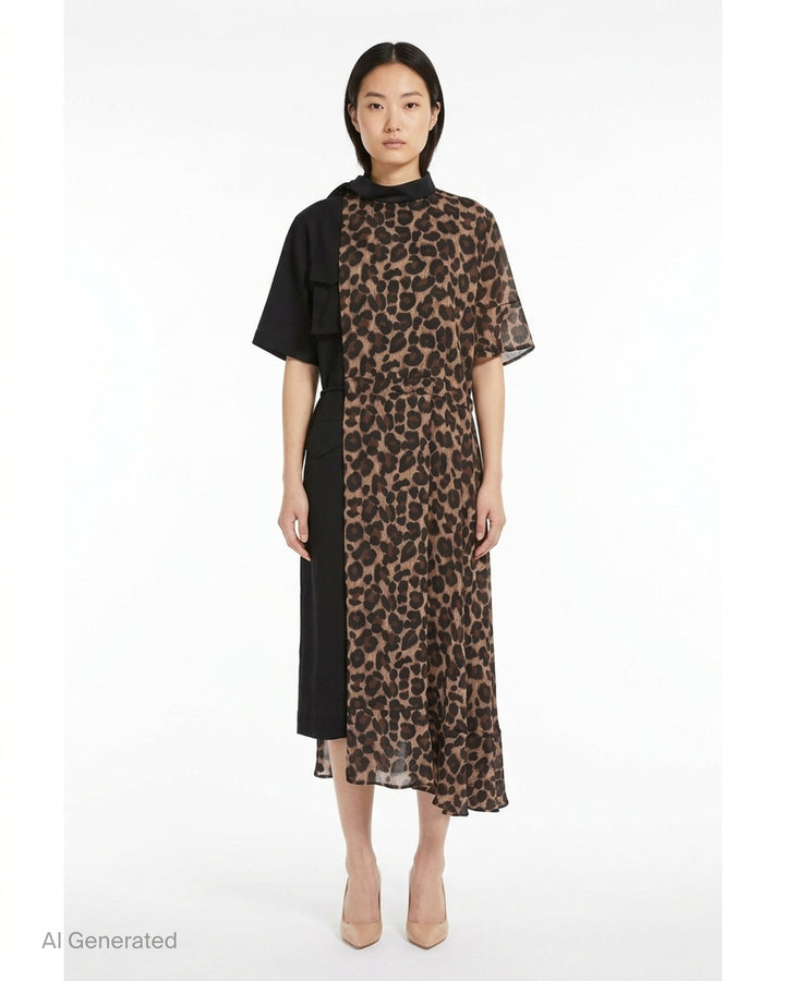sacai Leopard Suiting Contrast Dress featuring asymmetric panelling of leopard-print chiffon and solid black suiting fabric, with a mock neck, short sleeves, tie waist, and asymmetric ruffled midi hem - front
