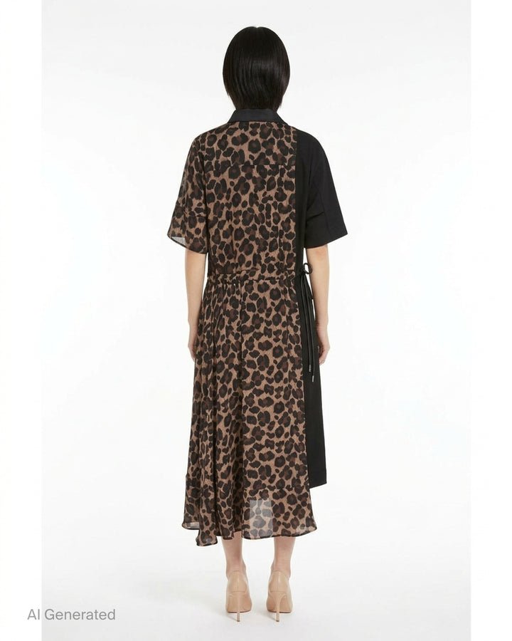 sacai Leopard Suiting Contrast Dress featuring asymmetric panelling of leopard-print chiffon and solid black suiting fabric, with a mock neck, short sleeves, tie waist, and asymmetric ruffled midi hem - back