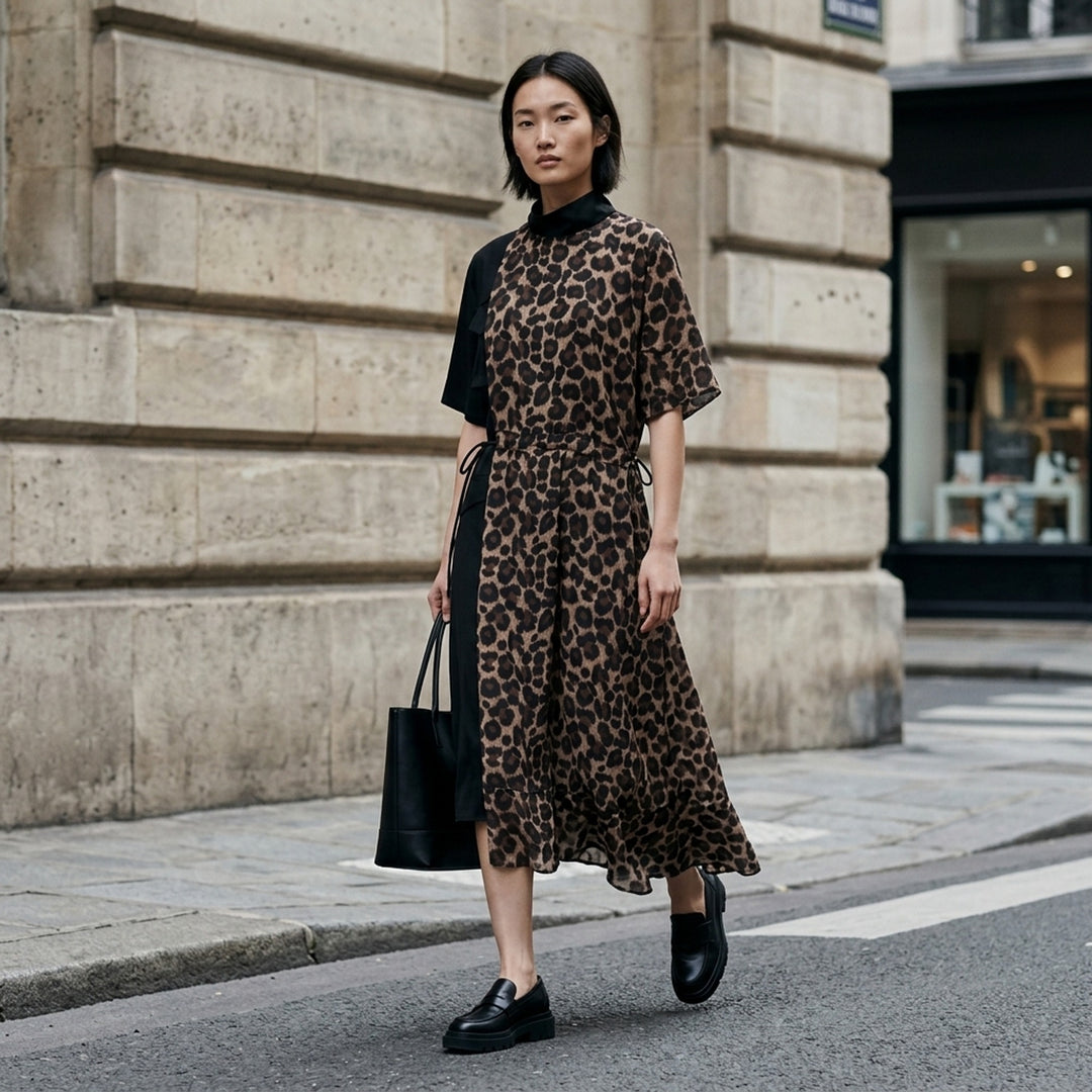 sacai Leopard Suiting Contrast Dress featuring asymmetric panelling of leopard-print chiffon and solid black suiting fabric, with a mock neck, short sleeves, tie waist, and asymmetric ruffled midi hem - lifestyle