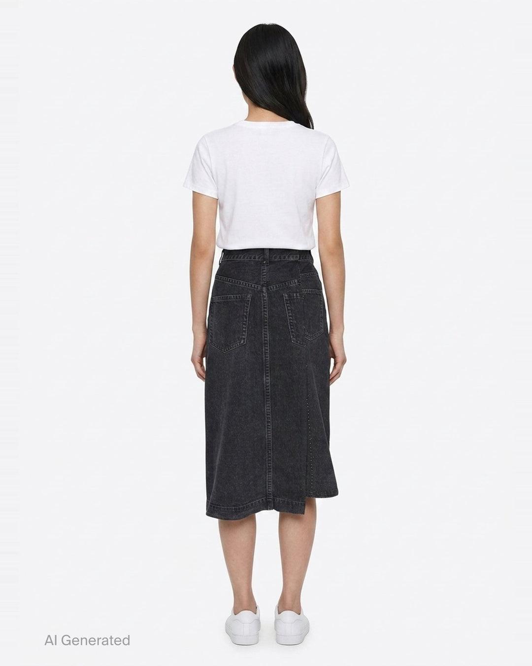 sacai washed black midi denim skirt with high waist, vertical front seam, five-pocket construction, copper rivets, and asymmetric hem slit - back