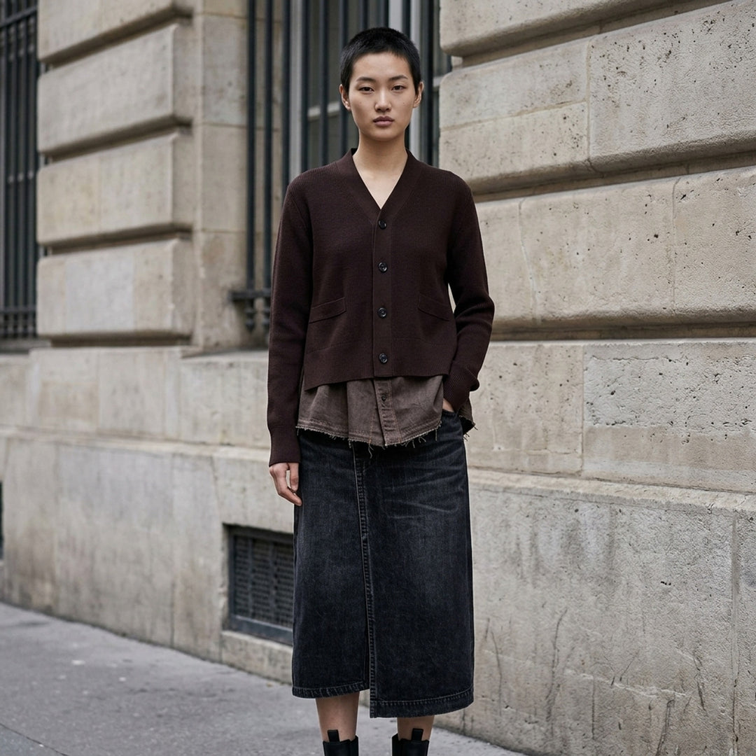 sacai washed black midi denim skirt with high waist, vertical front seam, five-pocket construction, copper rivets, and asymmetric hem slit - lifestyle